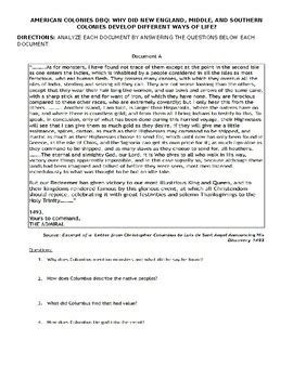 American Colonies DBQ Differences Between Colonial Regions Activity