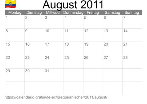 Kalender August 2011 Von Ecuador Auf Deutsch Feiertage Und Mondphase