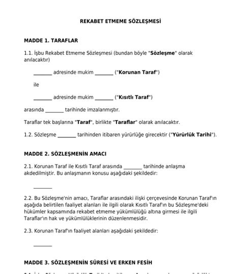 Rekabet Etmeme Sözleşmesi örnek şablon Word ve PDF