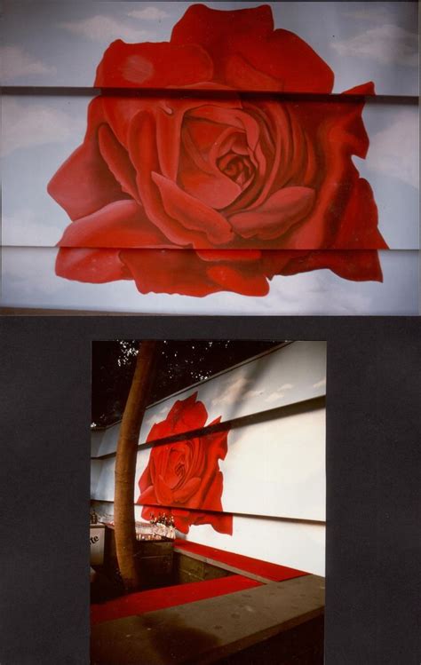 Two Pictures Of A Red Rose Painted On The Side Of A Building