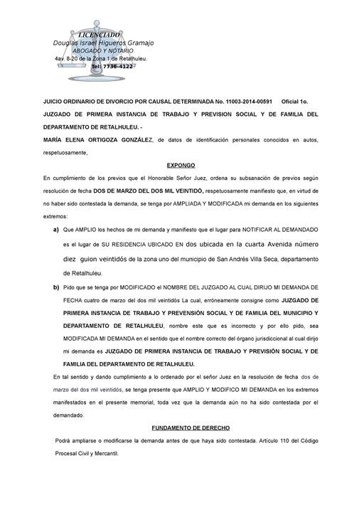 Ampliación Y Modificacion DE Demanda LICENCIADO Douglas Israel