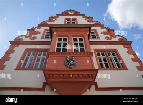 Renaissance Town Hall With Oriel And Coat Of Arms And Tail Gable View