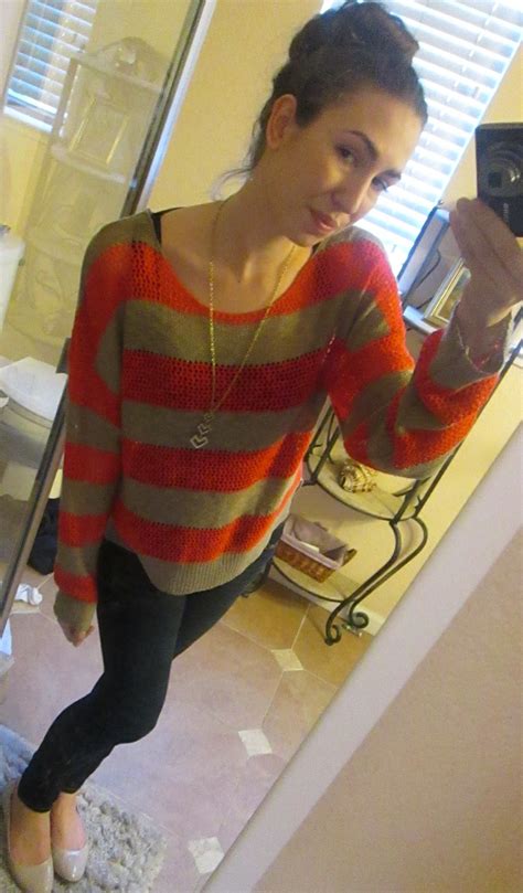High Bun Long Heart Necklace Slouchy Striped Sweater Denim Jeggings Nude Flats Open