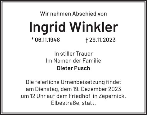 Traueranzeigen von Ingrid Winkler Märkische Onlinezeitung Trauerportal