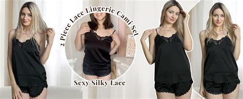 Ekouaer Satin Pajamas V Neck Sleepwear Set Lace Pj Tops And Shorts Nightwear Lingerie Pajamas At