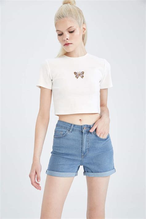 Blue Women Jean Normal Waist Folded Leg Short Defacto