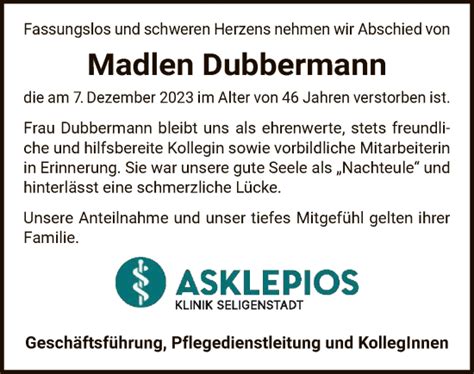 Traueranzeigen Von Madlen Dubbermann Trauer Op Online De