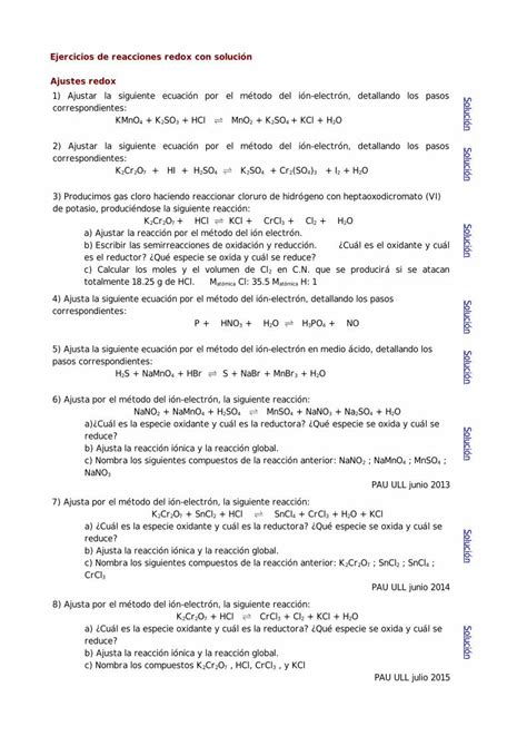 PDF Ejercicios de reacciones redox con solución Ajustes