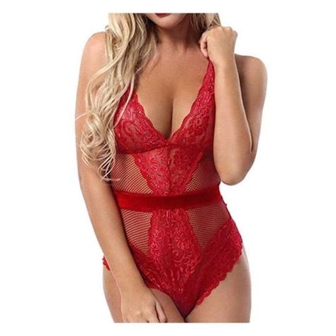 Body Femme Sexy Dentelle Florale Col V Profond Babydoll Lingerie Dos