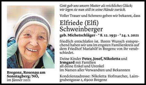 Todesanzeigen Von Elfriede Schweinberger Todesanzeigen Vorarlberger