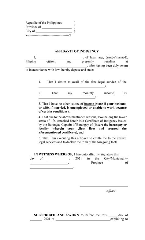 Affidavit Of Indigency Republic Of The Philippines Province Of