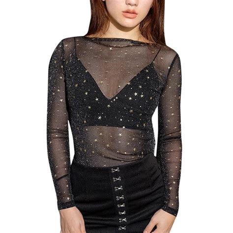 Sexy Solid Black See Through Seamless Tops Shirt Women Long Sleeve