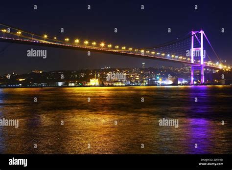 View Of Bosphorus Bridge By Night Time In Istanbul Turkey Stock Photo