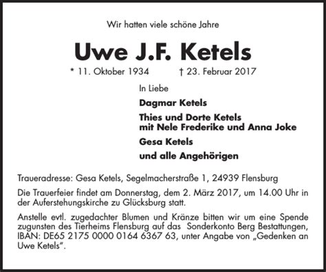 Traueranzeigen Von Uwe J F Ketels Sh Z Trauer