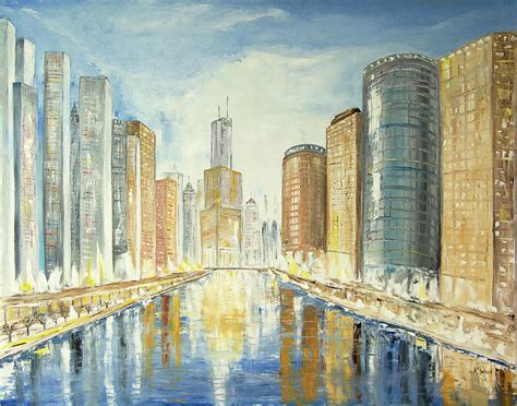 View Up The Chicago River Painting By Ken Wood Fine Art America