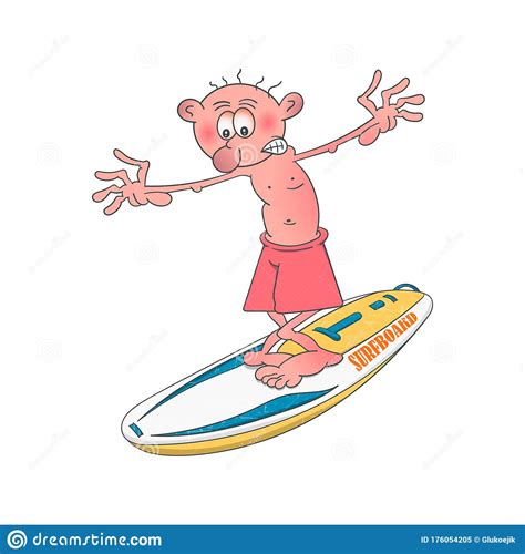 Surfer A Young Guy Is Riding On A Surfboard Cartoon Illustration On A