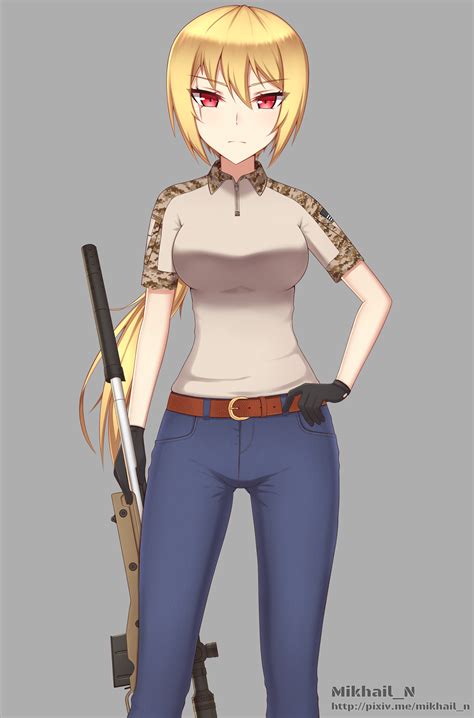 Safebooru 1girl America Aor1 Camo Belt Blonde Hair Breasts Camouflage Denim Gloves Gun