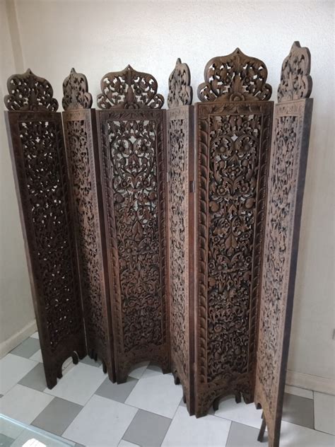 Vintage Hand Carved 6 Panel Teak Wood Carved Screen Room Divider