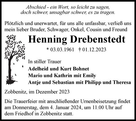 Traueranzeigen Von Henning Drebenstedt Abschied Nehmen De