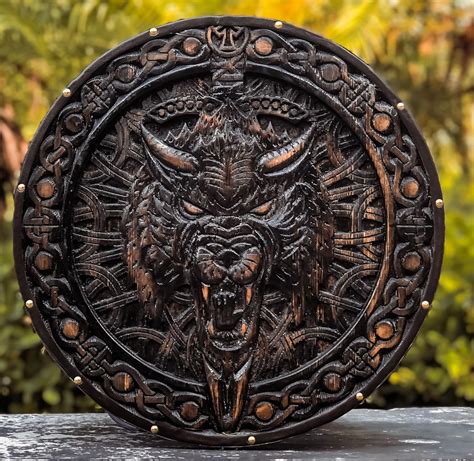 Fenrir Carved Medieval Viking Shield Round Wooden Shield Wood Carved Design Wood Viking Ts