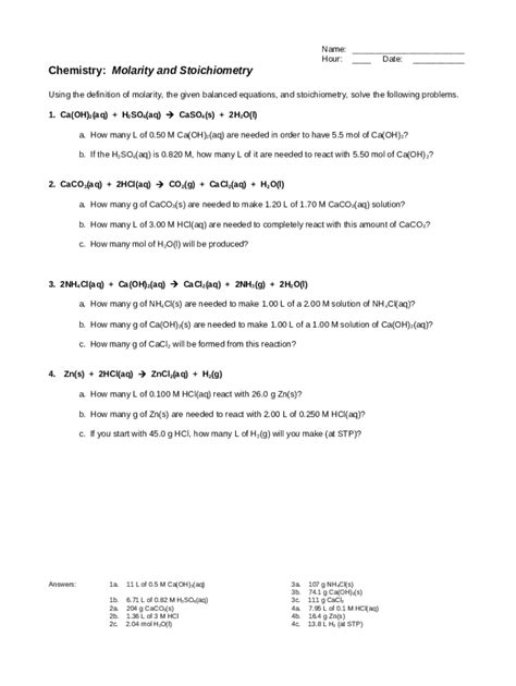 Che 108 Molarity And Stoichiometry Review Sheet Prof Doc Template Pdffiller