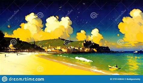 Landscape Beach Ocean Sunset, Childrens Book Illustration Generative AI Fantasy Digital Art ...