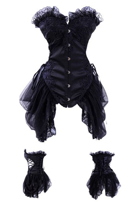 Goth Corset Dress With Intricate Front Lace Stitching Side Lace Up Diamond Panels And Lace