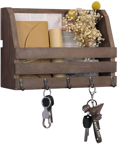 Oropy Rustic Wood Mail Holder With 5 Key Hooks Pine Wood Entryway Wall