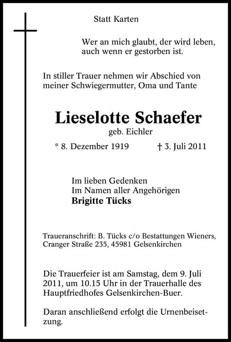 Trauer Und Todesanzeigen Von Lieselotte Schaefer Trauer De