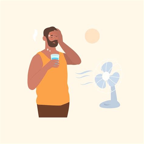 Premium Vector Heat Wave Man With Glass Of Water And Ventilator