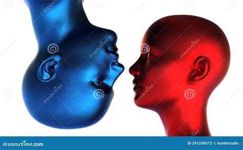 3d Render Portrait Of A Blue Bald Man And A Red Bald Woman Upside Down On A White Background