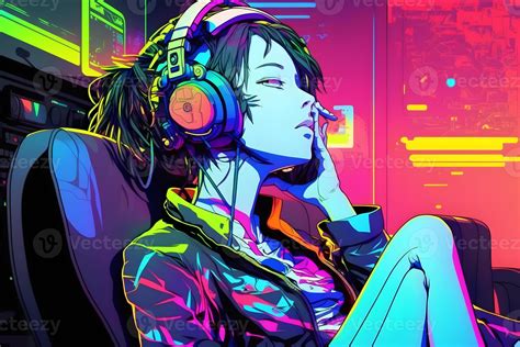 Futuristic Anime Style Girl Listening To Music With Headphones Neural