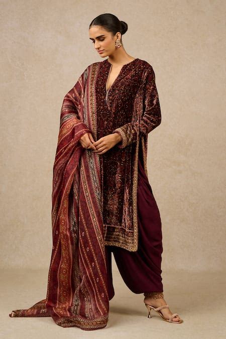 Buy Wine Kurta And Dhoti Pant Velvet Printed Floral Notched Set For