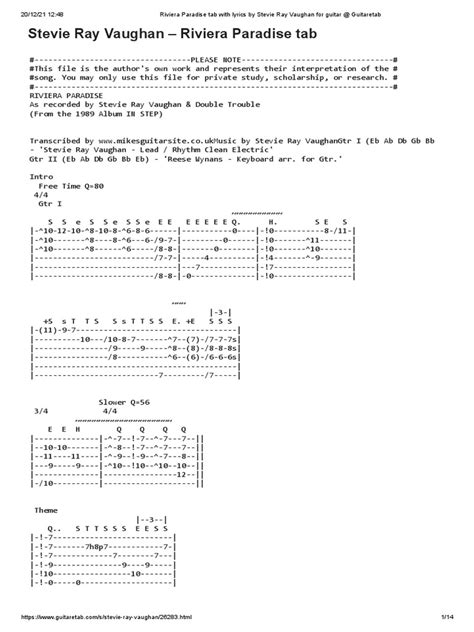 Riviera Paradise Tab With Lyrics By Stevie Ray Vaughan Pdf American Musicians Guitars