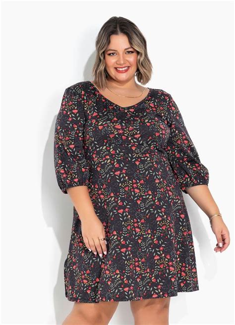 Vestido Floral Preto Evasê Plus Size Marguerite