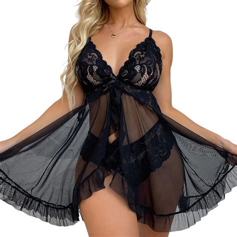 Crexomi Women Sexy Lingerie Open Front Babydoll Dress Lace Chemise Sleepwear Mesh Nightgown With