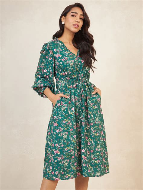 Buy Femmella Floral Printed Puffed Sleeve Tie Ups Fit And Flare Midi Dress Dresses For Women