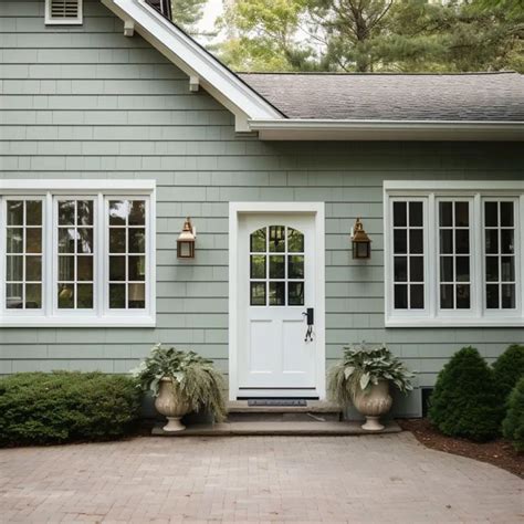 Sage Green Exterior With A White Door In 2024 Green House Exterior