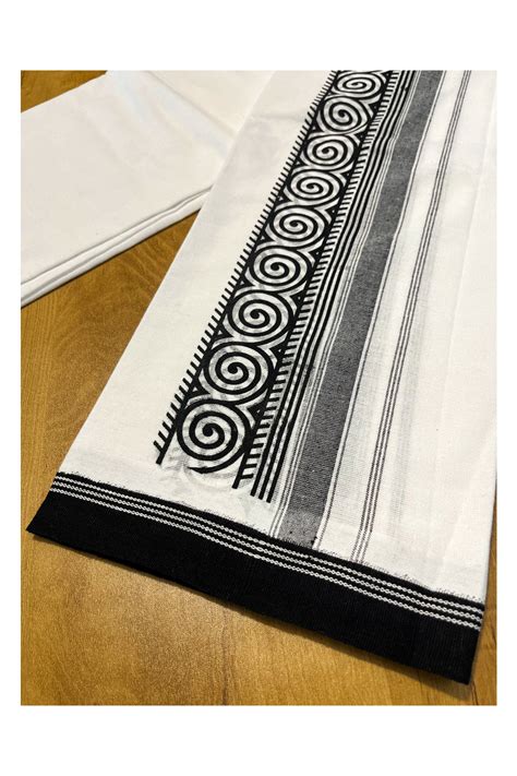 Southloom White With Black Printed Single Mundu Otta Mundu Lungi