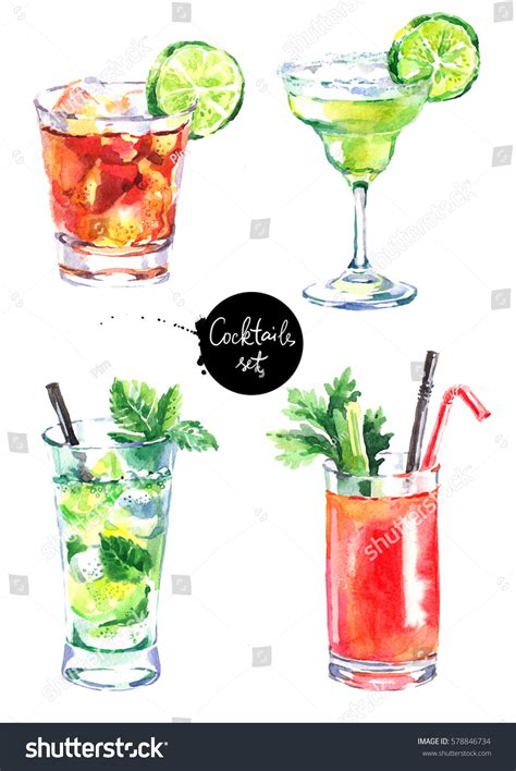 Hand Drawn Sketch Watercolor Cocktails Set Stock Illustration 578846734