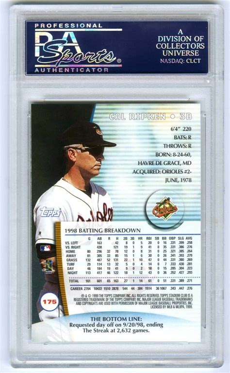 CAL RIPKEN JR HARD TO FIND POP 49 1999 STADIUM CLUB PSA 10 GEM MT