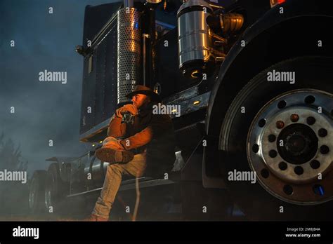 American Semi Truck Driver In His 40s Wearing Cowboy Hat Trucker