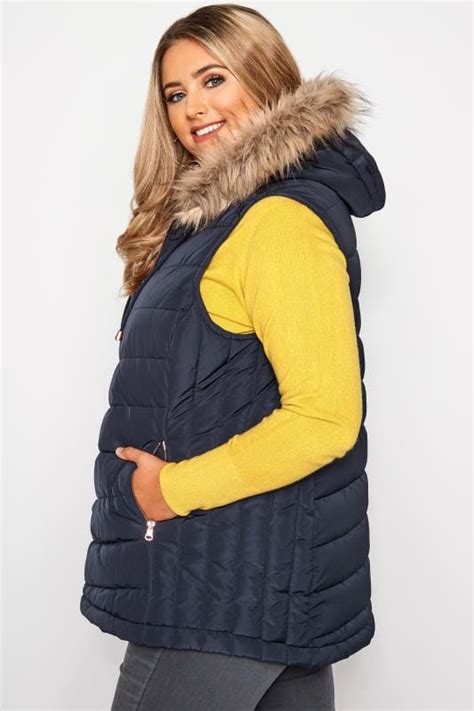 Navy Panelled Gilet With Faux Fur Trim Hood Sizes 16 40 Yours Clothing