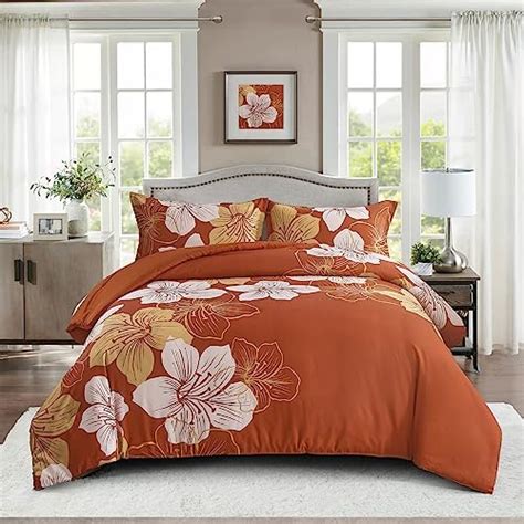 DJY Terracotta Duvet Cover Set Queen Gold Floral Pattern Comforter