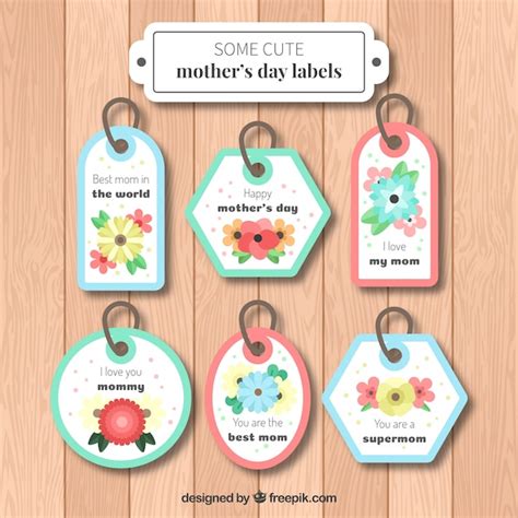 Free Vector Set Of Six Mothers Day Labels With Colored Flowers