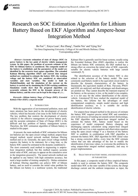 Pdf Research On Soc Estimation Algorithm For Lithium Battery Based On Ekf Algorithm And Ampere
