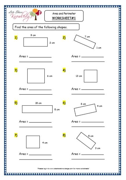 Grade 4 Maths Resources 8 3 Geometry Area And Perimeter Printable Worksheets Lets Share