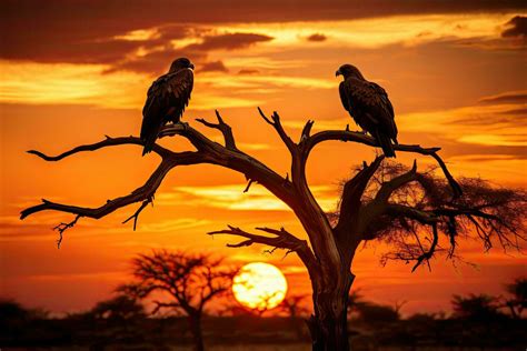 Silhouettes of vultures sitting on a tree during sunset, A captivating ...