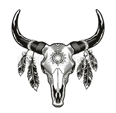 The Head Of A Bull With Feathers On It S Horns Is Drawn In Black And White