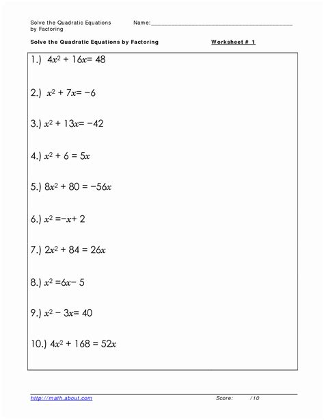 Practice Worksheet Factoring Quadratics